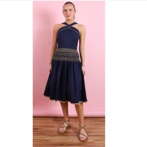 Love Binetti Noemi Dress Tank Sundress Smocked Navy Designer Halter High Neck